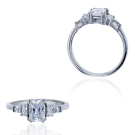 Sterling Silver Rhodium Graduated 5-Stone Emerald Cut Engagement Ring