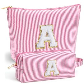 Fohufo Travel Makeup Bag Set - Travel Essentials, Initial Make up Cosmetic Bag Makeup Pouch Travel Toiletry Bag | Cute Pink Stuff Birthday Gifts for Women Mom Daughter (Pink Letter A)