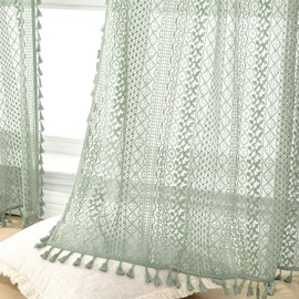 WAZZIO Grey Green Curtains 63 Inch Length 2 Panels Rod Pocket Tassel Boho Crochet Lace Curtains Light Green Bedroom Living Room Curtains See Through Privacy Curtains for Boys Room。Mint Green