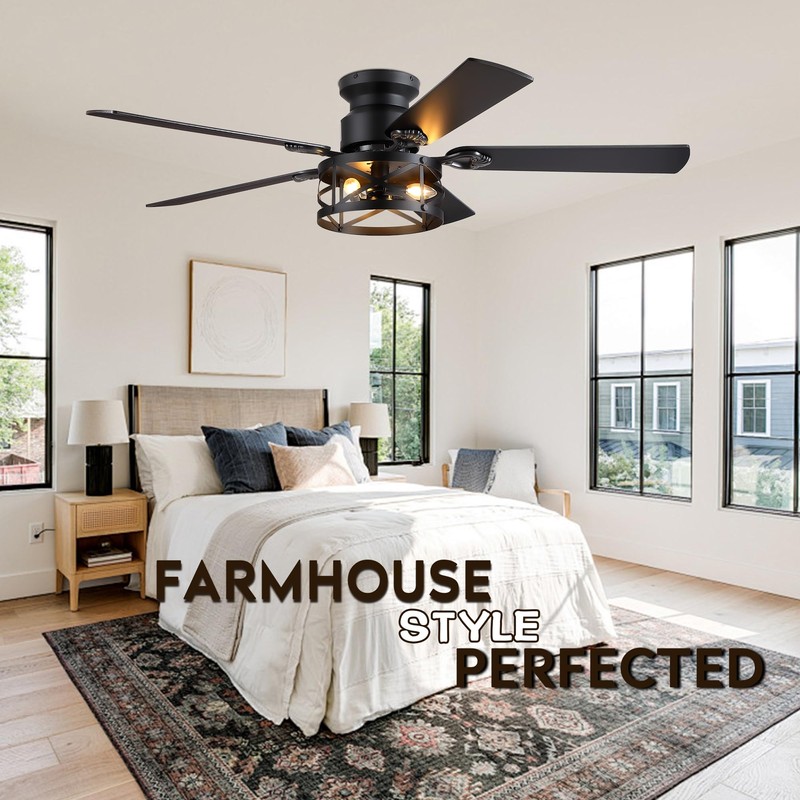 JSAITEE 52in Flush Mount Farmhouse Ceiling Fan with Lights, Caged
