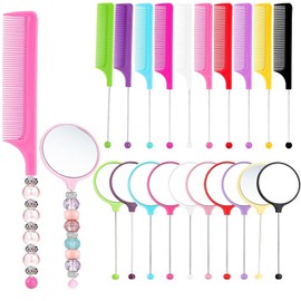 Frinnovan 10 Pack Beadable Combs DIY with 10 Pack Beadable Handheld Mirrors Set Plastic Rat Tail Hand Handle for Crafts Portable Cute Travel Makeup Mirror Round, Colorful