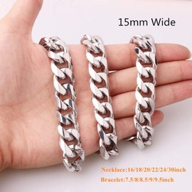 WXP Men Cuban Link Chain Necklace & Bracelet Stainless Steel Hip Hop Choker Jewelry 11mm/15mm 7.5inch-30inch(15mm,9inch)