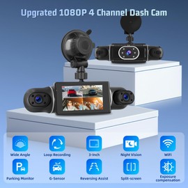 Dash Cam Front and Rear Inside, 4 Channel Dash Cam 3 Inch IPS Screen Front and Rear