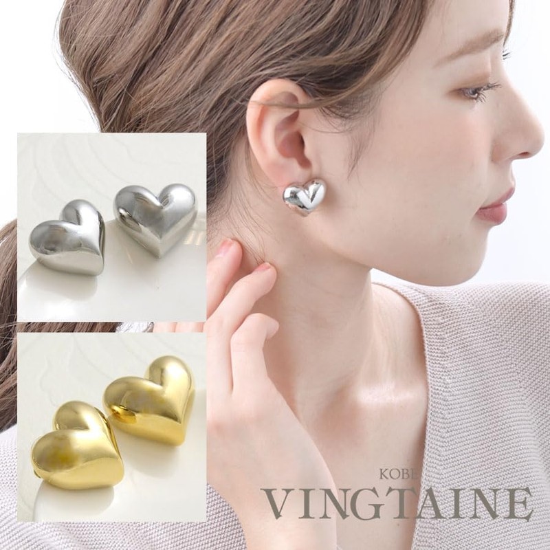 VingTAINE P5190 Pierced Earrings, Heart, Metal, Chubby, Volume, Big, Large,
