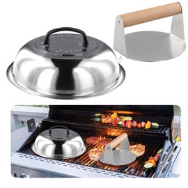 yeesport Burger Press and Melting Dome, 5.4-inch Heavy Duty Burger Smasher, 11.4-inch Round Basting Cover, Stainless Steel Burger Press and Melting Dome for Indoor & Outdoor Flat-top Grilling, Cooking