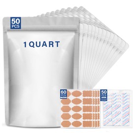50 pcs Mylar Bags for Food Storage Reusable Mylar Bags with Oxygen Absorbers 400cc Thick 9.44 mil,Heat Sealable Mylar Bags for Food Storage Zipper Pouches (1 Quart, 10"x7")