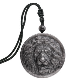 TUMBEELLUWA Round Lion Head Pendant Necklace for Men, Natural Crystal Protection Amulet Animal Charm Jewelry with Adjustable Cord, Silver Sheen Obsidian