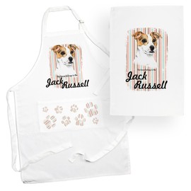 Purely Home Jack Russell Apron & Tea Towel Kitchen Set - Portrait Gifts For Dog Lovers - Cooking and Baking Present Linen Sets