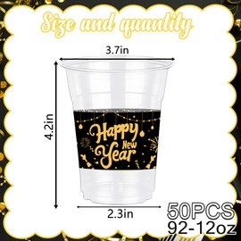 50 Count 2025 Happy New Years Party Cups, 12 oz New Years Eve Disposable Clear Plastic Party Cups for New Years Eve Drinkware Beverage Ice Cream Snacks Party Supplies