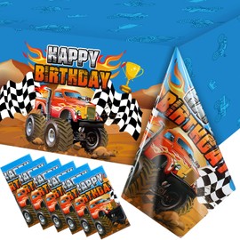 Monster Truck Tablecloth Happy Birthday Monster Truck Party Table Cover Monster Machine Table Cover Grave Digger Theme Checkered Flag Tablecloth for Birthday Party Decorations Supplies(6 Pieces)