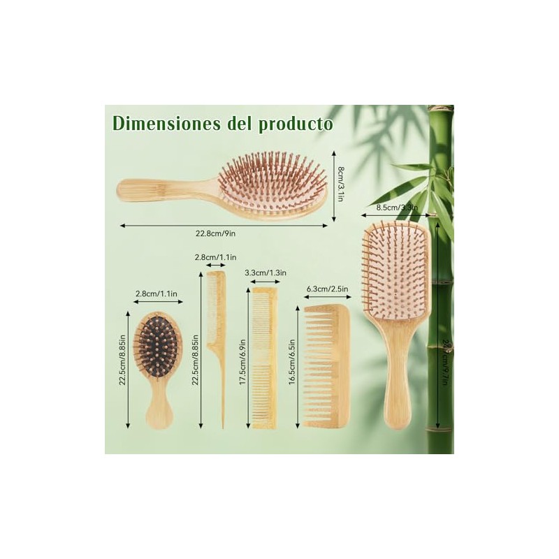 6pcs Peines de Madera Bambu, Cepillos para Cabello de Almohadilla