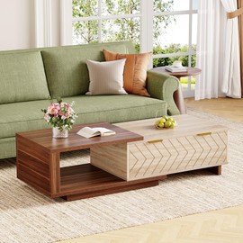 LITTLE TREE Expandable Wooden Coffee Table with 2 Drawers, Space-Saving Rectangular Farmhouse Center Table, Perfect for Living Room and Office, Brown and Beige