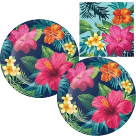 Tropic TIme Party Supplies Set, 16 Guest Pack with Paper Dinner Plates and Lunch Napkins, Luau Themed Hibiscus Design