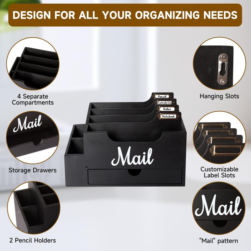 Niciksty Wood Desktop Mail Organizer, Mail Organizer Countertop with 6