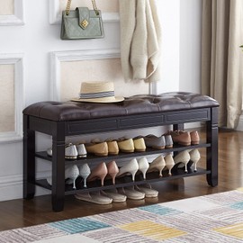 HOOTSMALL Shoe Storage Bench with Cushion, Entry Bench with Storage Solid Wood Shoe Bench Ideal for Entryway Living Room and Corridor (Black, 39.4'')