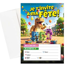 Carte invitation fete enfant francais DINOSAURE - Invitation fete enfant francais avec enveloppes ( lot de 15 cartes et 15 enveloppes) - Carte invitation fete enfant / Birthday Invitations DINOSAUR with Envelopes (15 Pack) in french