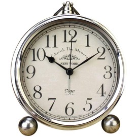 JUSTUP Vintage Table Clock, Iron European Style Desk Clock Battery Operated Non-Ticking Mantle Clock for Home Decor (Silver)