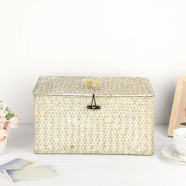 IGNPION Seagrass Storage Basket with Lid Woven Seagrass Desktop Basket Rectangular Bathroom Storage Organiser Box, Shelves & Desks Decorative Basket Multipurpose storage Hamper (Withewash,L)