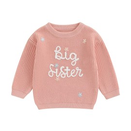 Yassiglia Toddler Baby Girls Jumper Big Sister Little Sister Outfits Long Sleeve Letter Embroidery Knit Pullover Big Sister Gifts (Big sis&Pink, 3 Years)