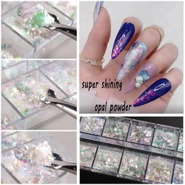 Holographic Iridescent Nail Art Glitter Flakes Powder Aurora Foil Sequins Ice Crystal Mermaid Paillettes Sparkly Sequins Designs Manicure Nail Decorations 12 Grids