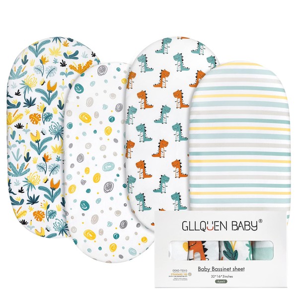 GLLQUEN BABY 4Pack Moses Basket Fitted Sheets, Newborn Pram Sheets