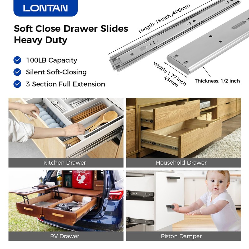 LONTAN 10 Pairs Soft Close Drawer Slides 12 Inch Drawer