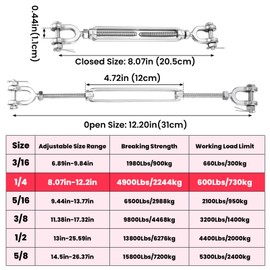 4 Pack Turnbuckle 1/4 M6 304 Stainless Steel Turnbuckle, 1600 lbs Working Load Limit, Jaw and Jaw Turnbuckles for Cables Wire Tensioner, Turnbuckle for Shade Sail, Yard Zipline
