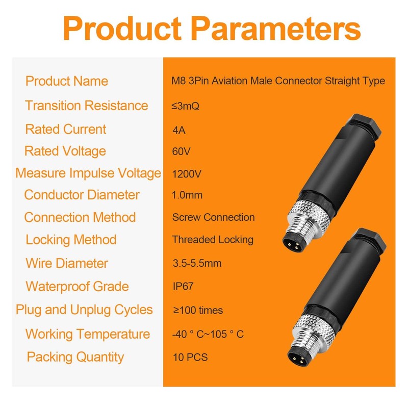 10Pcs M8 3-Pin Male Aviation Connector Industrial A-Code Plug Waterproof