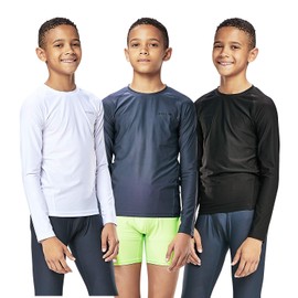 DEVOPS 3 Pack Youth Boys Compression Athletic Baselayer Long Sleeve Shirts (Medium, Black/Charcoal/White)