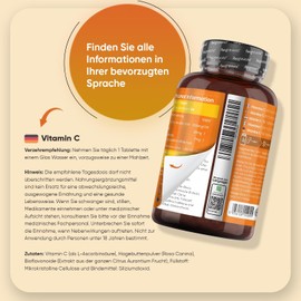 Vitamin C 1000 mg per tablet - 180 vegan tablets for 6 months - Vit C as L-ascorbic acid with bioflavonoids and rose hip - WeightWorld
