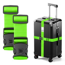 BILIONE Luggage Straps Adjustable Suitcase Belt, Lockable Against Accidental Opening, Easy to Identify Travel Accessories, Add a Bag Connector Holds Suitcase Together (2, Energetic Green)