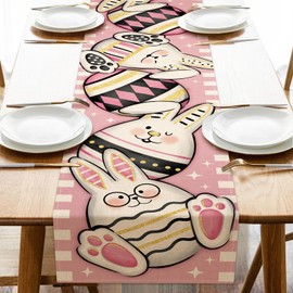 Uruney Easter Bunny Pink Table Runner, Cute Rabbit Easter Egg Kitchen Dining Table Decoration, Spring Burlap Indoor Outdoor Home Decor Party Supply 13 x 72 Inches