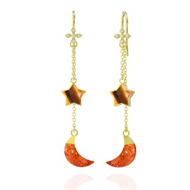 Sunstone and Tiger Eye Gold Earrings for Women - 18k Gold Vermeil Certified 925 Sterling Silver Moon and Star Earrings - Women's Jewelry for Mothers Day