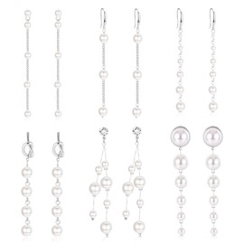 HAIAISO 6Pairs Long Pearl Earrings for Women 14K Gold Plated Tassel Pearl Drop Dangle Earrings Threader Pearl Stud Earrings Jewelry for Bridal Wedding Party(Silver)