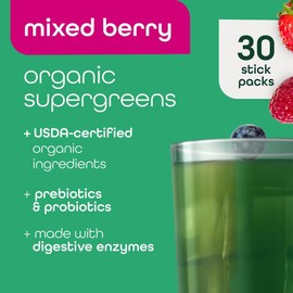 Zena Nutrition Organic Supergreens Greens Powder, 70+ Superfoods, 0 Sugar, 3G Fiber, Spirulina, Chlorella, Antioxidants, Prebiotics/Probiotics, Digestive Enzymes, Green Apple, 30 Drink Mix Packets Healthcare Dietary - Flavors: Mango, Pack Size: 30ct