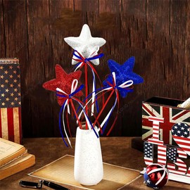 YLOIJO 4th of July Flower Picks Glitter Puffy Star Foam Sparkly Sticks for Americana Independence Day, 6 Pcs Red White Blue Party Crafts Supplies Decorations, Memorial Day Patriotic Decor