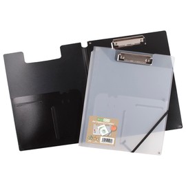 eco-eco A4 50% Recycled Black Clipboard Folder with Inside and Back Storage Pocket, Pen Holder, 1 Black, 1 Clear (Pack of 2)