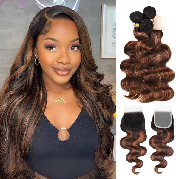 BQRIH F1B/30 Highlighted Body Wave Bundles with Closure 14 16