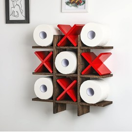 Weysat Tic Tac Toe Toilet Paper Holder Stand Toilet Paper Storage Bathroom Decor Rustic Wooden Hanging Storage Freestanding Wall Mounted Shelves Decor for Toilet Tissue Farmhouse(Brown, Red)
