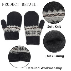 Kids Winter Soft Warm-Knit-Mittens, Boys-Girls Snowflake-Print Warmly Double-Layer Snow-Mittens Ski-Gloves for 5-10Years