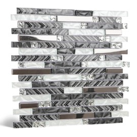 5-Sheet Glass Backsplash Tiles, 5 Square Feet Glass Mosaic Backsplash Subway Metal Tile for Kitchen Wall Bathroom