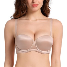 Lemorosy Women's Push up Strapless Convertible Multiway Underwire Supportive Bra with Thick Padded Add 1-2 Cups Size (Beige, 32C)
