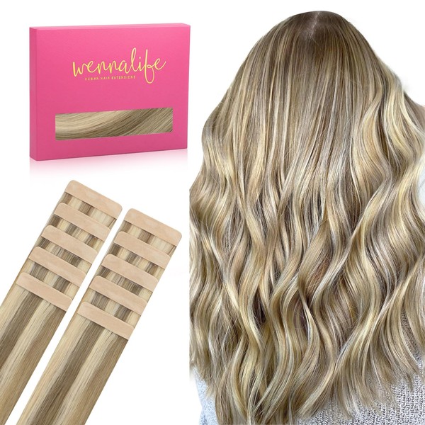 Wennalife Tape-in Real Hair Extensions, Ash Brown Highlights, Golden Blonde,