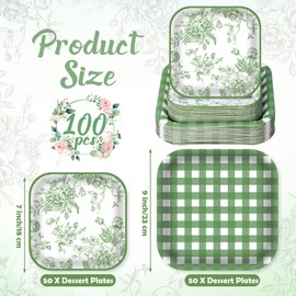 Havawish 100 Pcs Green Flower Paper Plates Set, 7 in 9 in Sage Green Chinoiserie Gingham Vintage Floral Square Disposable Plate Dinnerware for Tea Garden Wedding Party Birthday Baby Shower Supplies
