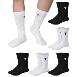 Shihanee 6 Pairs Cross Socks for Men Ribbed Knitted Christian Crew Socks Faith Religious Gifts for Friends Co Workers(Black, White)
