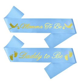 CoolerthingsDG, "Momma To Be" & "Daddy To Be" Baby Shower Sash Bundle - With Cute Stork Image (Blue & Gold Lettering) BOY Baby Shower Party Decorations, Gifts, Favors, Mommy Supplies Gender Reveal (BLUE)