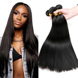 Urshiney Straight Bundles Human Hair Double Weft Brazilian Hair Bundles Real Human Hair Natural Color Straight Weave Bundles Human Hair 3 Bundles Straight 300g 16 16 16 Inch
