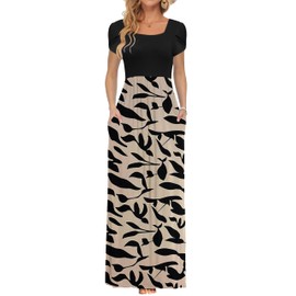 AUSELILY Women's Maxi Dresses with Pockets Petal Short Sleeve Square Neck Casual Long Dress 2025 Black Leaf L