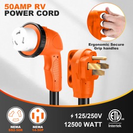 Ficstar 50 Amp RV Extension Cord 25 ft, Heavy Duty 6/3+8/1 SJTW AWG RV Power Cord with Grip Handle Twist Lock, NEMA 14-50P to SS2-50R with Polarity Lamp