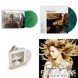 Taylor Swift - Evermore (Translucent Green Vinyl/2LP) & Midnights (X) (Jade Green LP Vinyl) & Tortured Poets Department (X) (Ghosted White Vinyl/2LP/Manuscript- Bonus Track) & Fearless Platinum Edition
